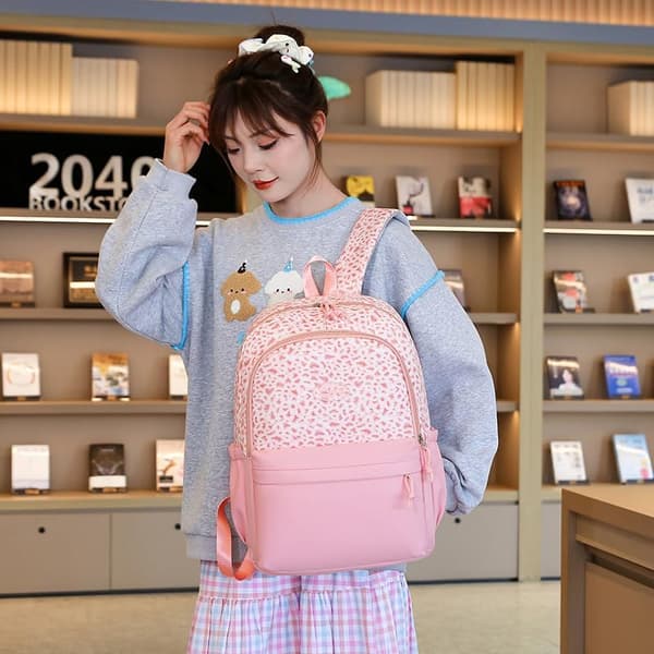 Leopard Print Backpack 3-in-1, Large Daypack with Insulated Lunch Bag and Storage Pouch Pink