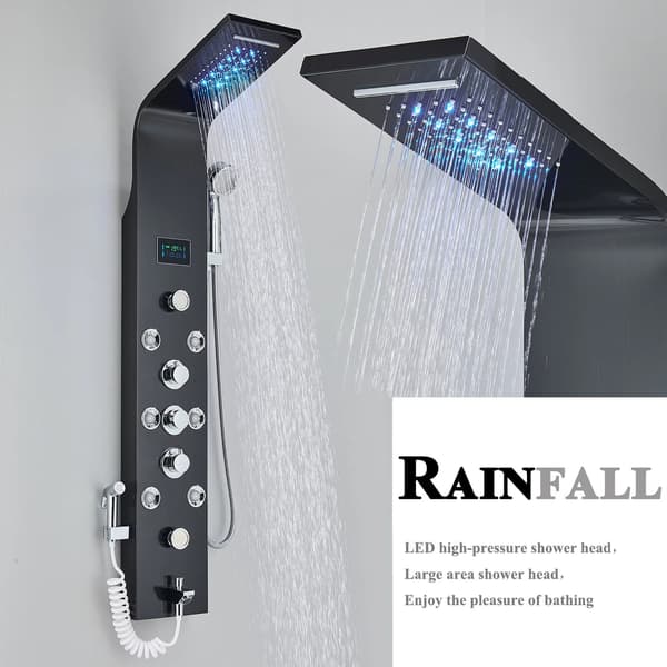 Sort LED Spa Brusepanel - Vandfaldsregn, Kropsmassagejets, Bidet, Vægmonteret Blandingssystem