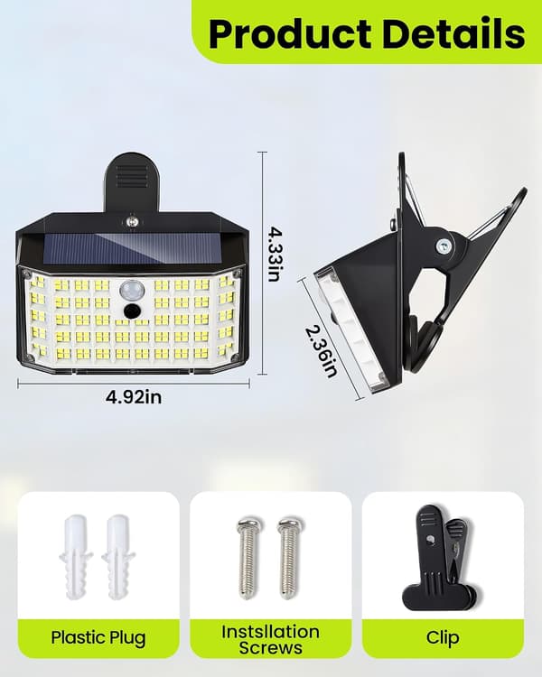 1/2/4/6-pack klämbara solcellslampor utomhus, 176LED rörelsesensor staketlampor, 600LM vattentät säkerhetslampa White 2-Pack