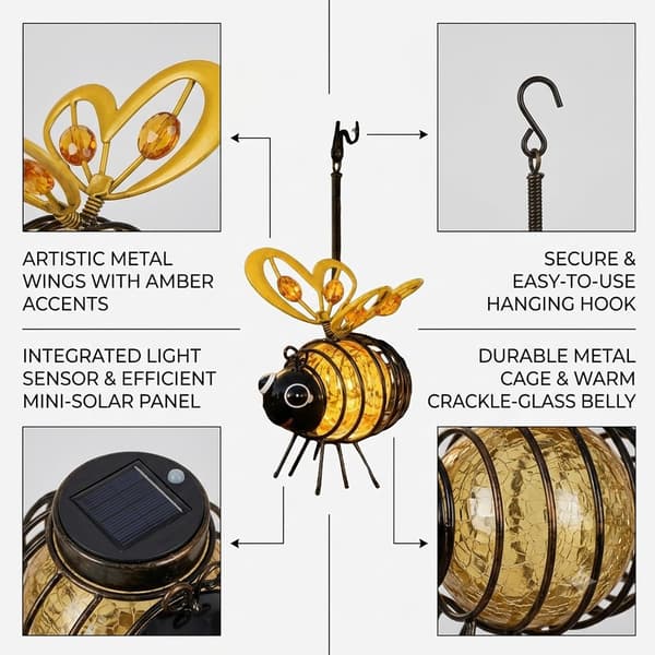 1/2/4-pack Hanging Solar Bee Lantern, Warm LED Lighting for Garden, Patio, Balcony, and Camping Yellow 4-PACK