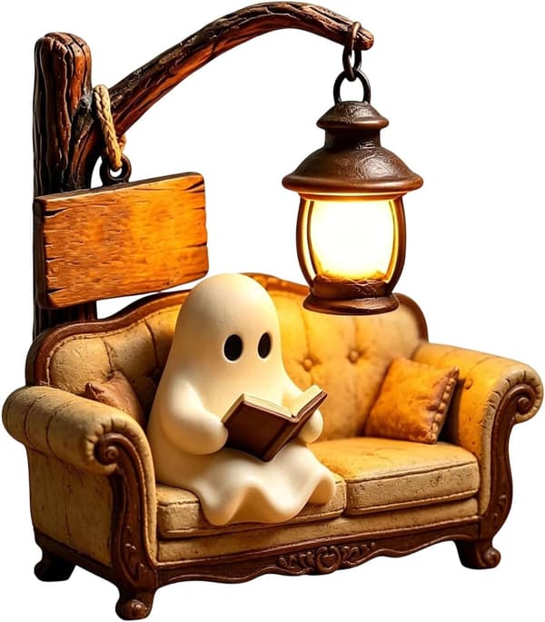 Ghost Lamp Halloween with a ghost reading on a sofa, decorative resin night light for table, shelf and bedroom