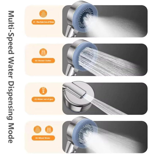 Trykforbedrende massage brusehoved – 4 positioner Silver