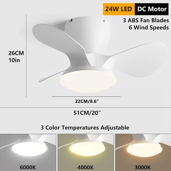 Ceiling fan with LED lighting 24 W, 6 speeds, 3 ABS blades, silent, remote control and wall switch Satin Nickel & Walnut 51cm-Wall Control