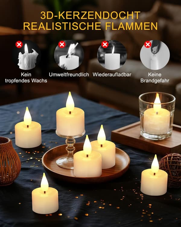 Flameless LED Lights 12-pack, Rechargeable LED Lights with Flame Effect, Timer, Magnetic Charging Station and Remote Control A