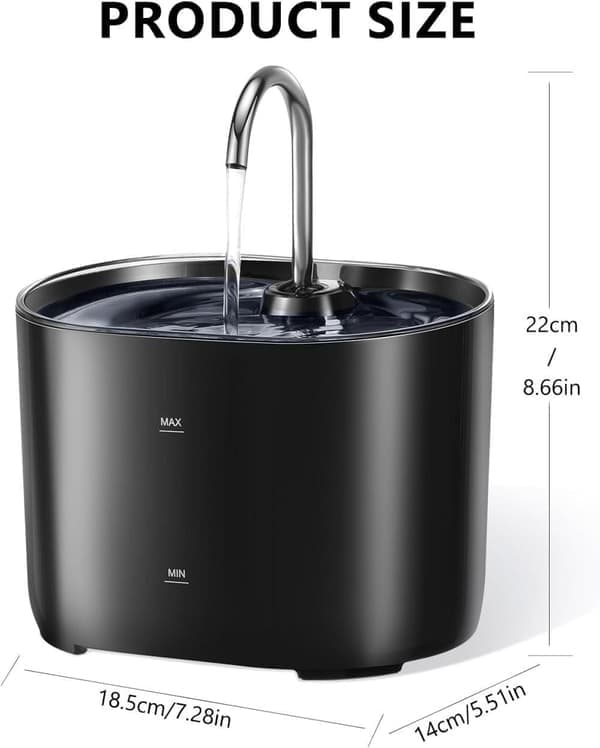 2,2L Vandfontæne til kat og hund, lydløs skål (Med stik og sensor) sort