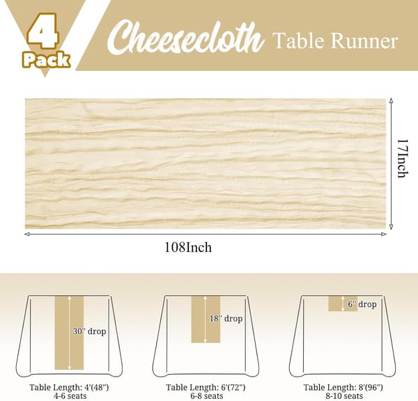 Sæt med 4 musselin bordløbere - Beige, 17x108 tommer Boho Rustik Stil Beige