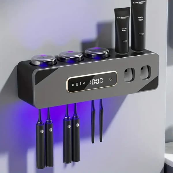 Automatic Toothpaste Dispenser & Toothbrush Holder – Wall-Mounted, Drill-Free Installation, USB Charging with Lithium Battery, Cleans Toothbrushes Black