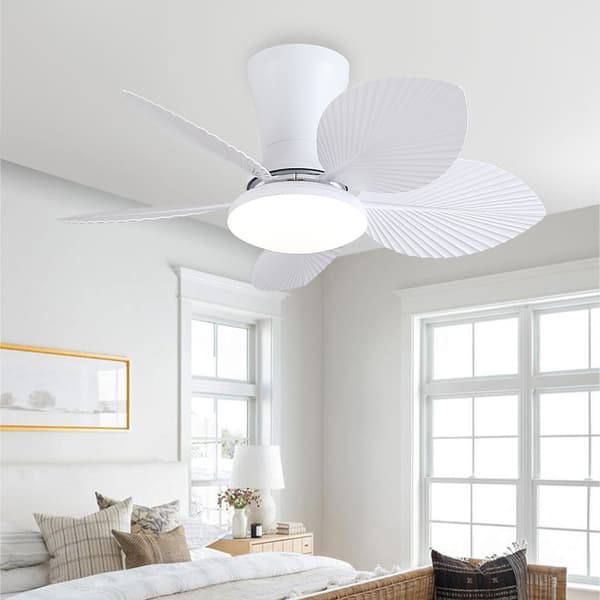 Tropical Ceiling Fan 30 inch with LED Lighting, Palm Leaf Design and Remote Control for Smaller Rooms White