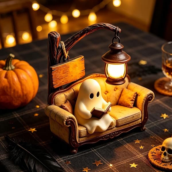 Ghost Lamp Halloween with a ghost reading on a sofa, decorative resin night light for table, shelf and bedroom