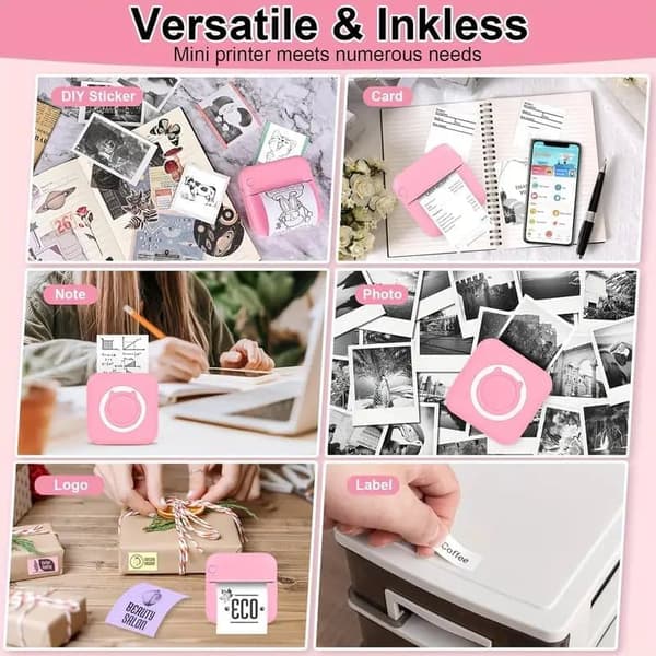 Mini termisk printer – Bærbar Bluetooth, USB-genopladelig til fotos & noter pink