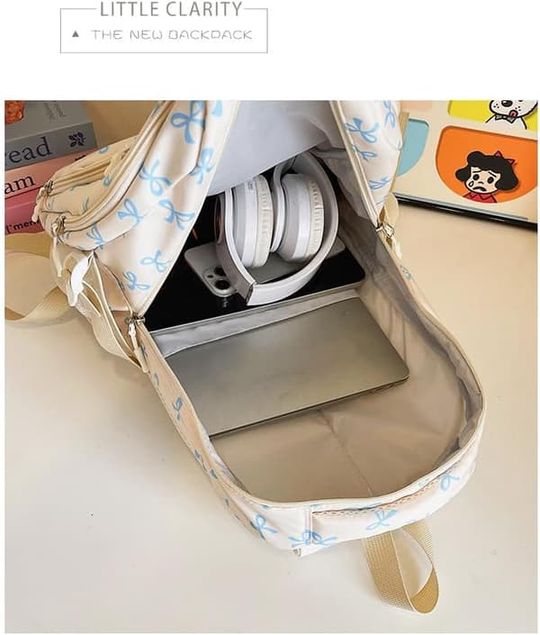 3-Piece Backpack Set with Bow, Large Daypack with Lunch Bag and Pencil Case for Work, Travel, and Everyday Use Beige&Pink