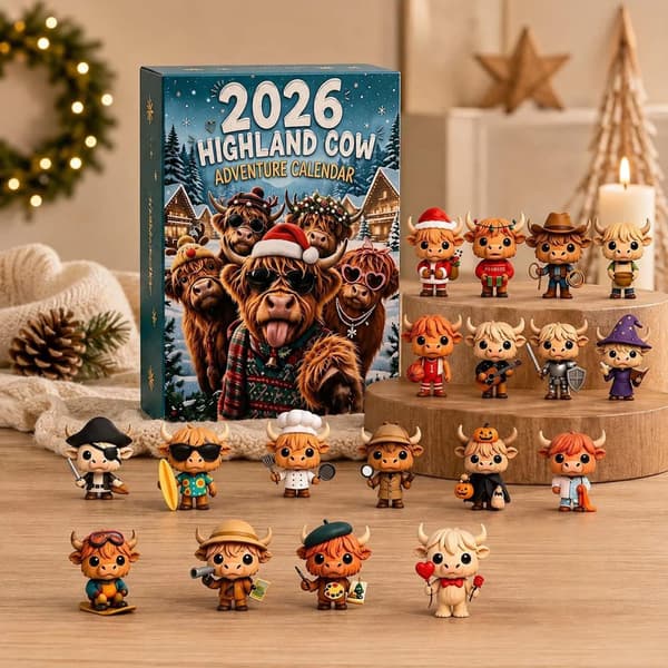 2026 Highland Ku Adventskalender, 24 Mini 3D-figurer, Nedtelling til Jul Dekorasjon