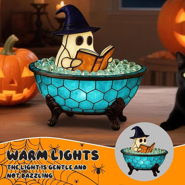Ghost Lamp Halloween with Reading Ghost, Bubble Bath and Book, Decorative LED Lamp, USB or Battery Version for Table and Shelf Battery