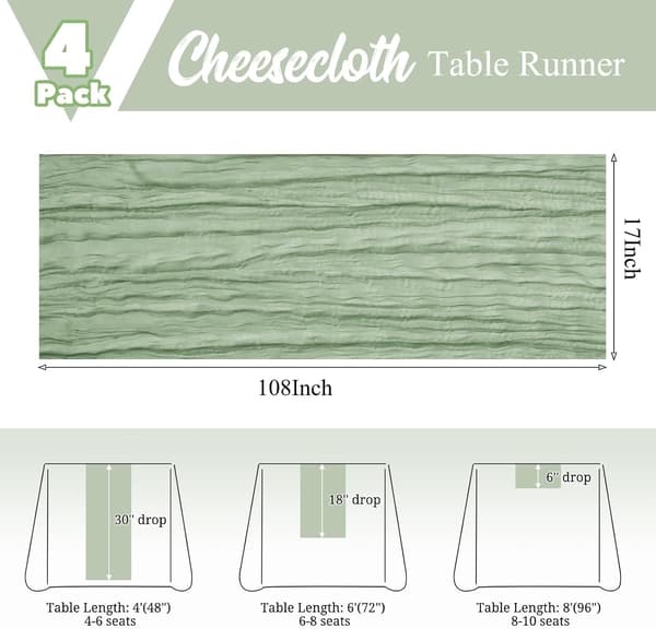 Set med 4 bordslöpare i muslin - Ljusgrön, 17x108 tum Boho Rustik Stil Light green