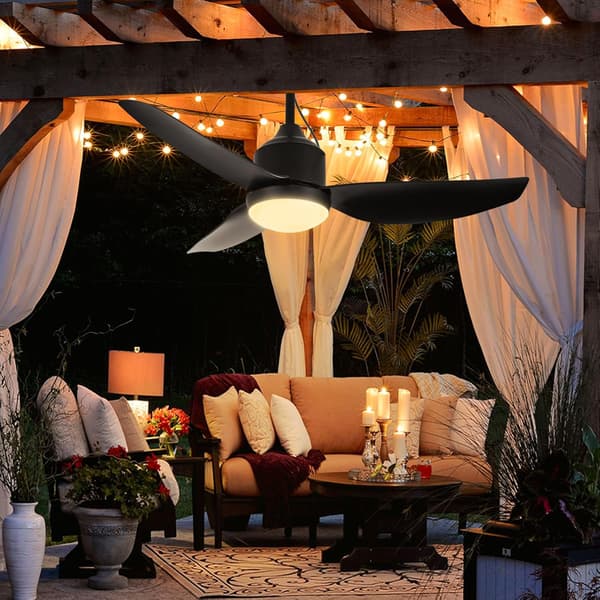 Ceiling fan with LED lighting 106/132 cm, remote control, dimmable, for patio and terrace, modern design Black 132cm