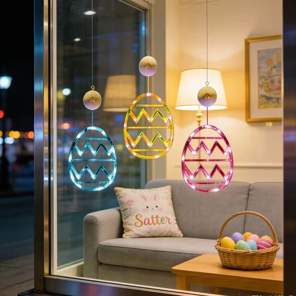 Påskedekorasjon 3-deler – Lysende Kanin & Egg Lyslenke for Vindu, Innendørs og Festlig Stemning 3 Easter Eggs