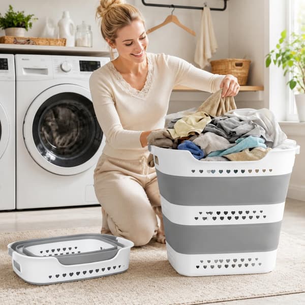 Laundry Basket 42 L, Foldable Laundry Hamper with Handles, Lightweight and Space-Saving for Home and Dorm Light grey 2 Pack