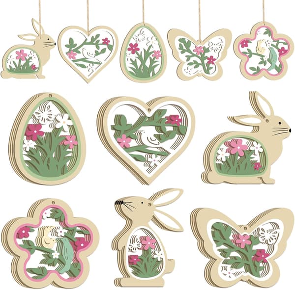 24-Pack Easter Decoration Hanging Wood - Easter Hangers with Easter Bunny, Eggs, Flowers & Butterflies Spring Decoration Green