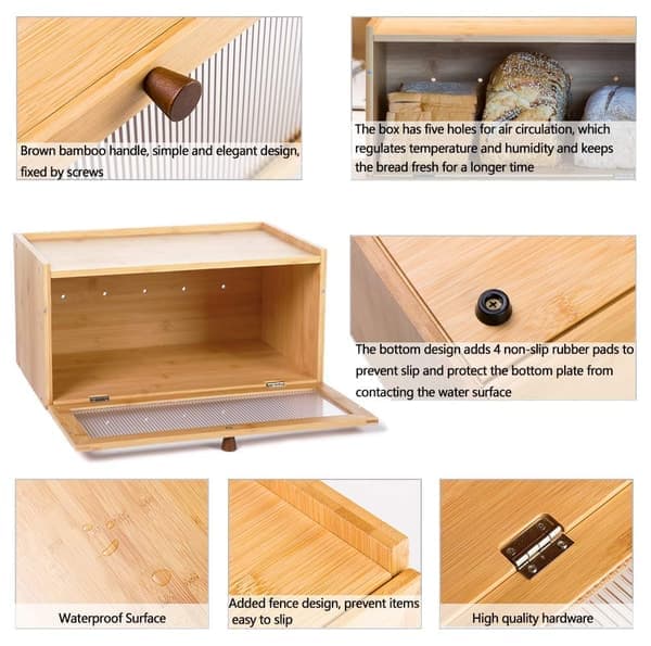 Bamboo Bread Box for Kitchen Counter - Spacious Rustic Style Bread Storage with Bamboo Lid and Window