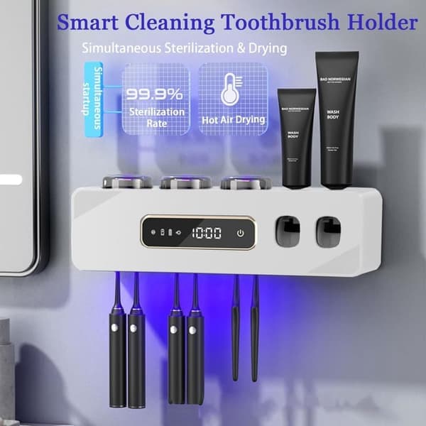 Automatic Toothpaste Dispenser & Toothbrush Holder – Wall-Mounted, Drill-Free Installation, USB Charging with Lithium Battery, Cleans Toothbrushes White