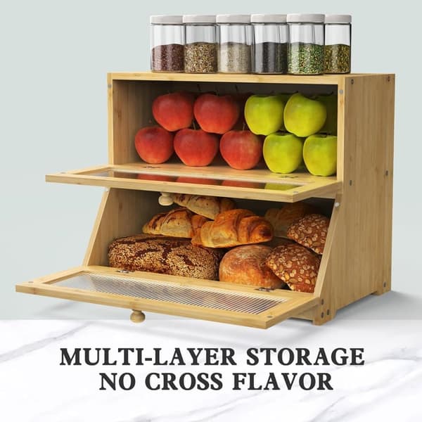 Double Wooden Bread Box for Kitchen Counter - Large Two-Tier Bread Storage with Spacious Design Yellow