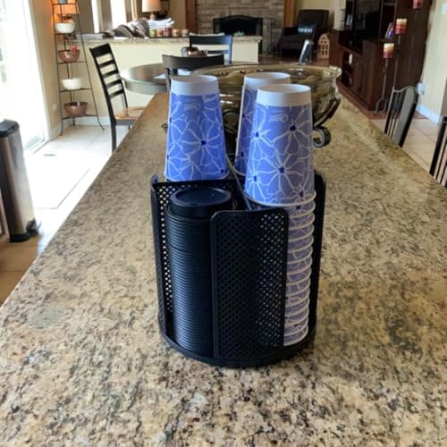 360° Rotating Cup & Lid Dispenser – 4 Compartments for Disposable Cups 3-16oz | Compact Countertop Model for Cafe, Office & Home