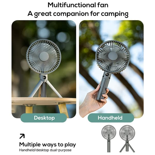 Bærbar campingventilator med stativ, USB genopladelig, flere hastigheder, stor luftstrøm, lav støj White