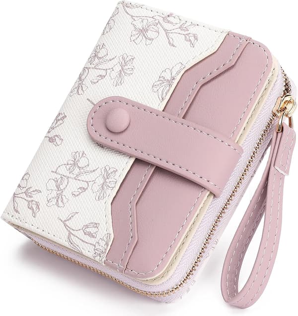 Women's Leather Wallet with RFID Blocking, Slim Wallet with Floral Pattern and Zipper Compartment for Cards Purple