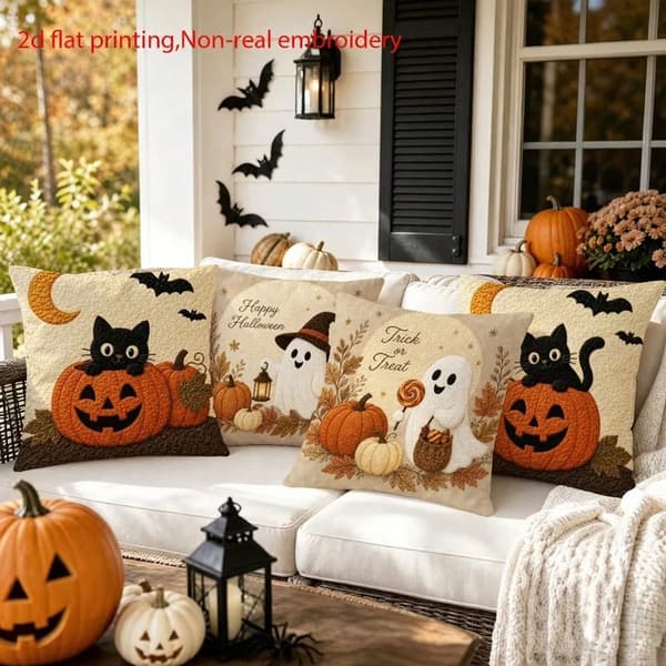 4-pak 45x45 cm pudebetræk - Kat & Halloween Retro Rustik Lynlås til Sofa Seng Style 2