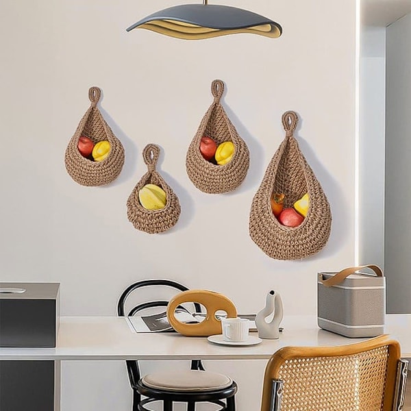 Handwoven Wall Mounted Storage Basket - For Vegetables & Fruit with Mesh Pocket 25×20cm