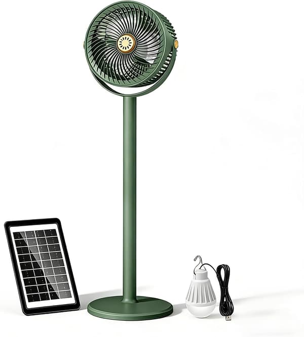 Bærbar solcelleventilator med solpanel og LED-pære, 5 hastigheder, 360° justerbar, 4 højdeniveauer Green