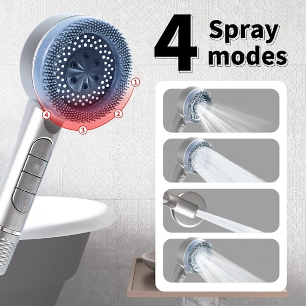 Trykforbedrende massage brusehoved – 4 positioner Silver