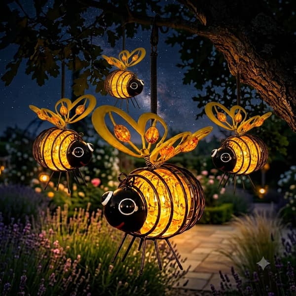 1/2/4-pack Hanging Solar Bee Lantern, Warm LED Lighting for Garden, Patio, Balcony, and Camping Yellow 4-PACK