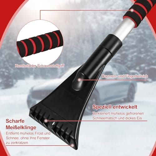 Car Ice Scraper, 102 cm Long, Telescopic Snow Brush, Detachable Ice Scraper with Rubber Squeegee, Ergonomic Foam Handle, 180° Rotating Brush Head