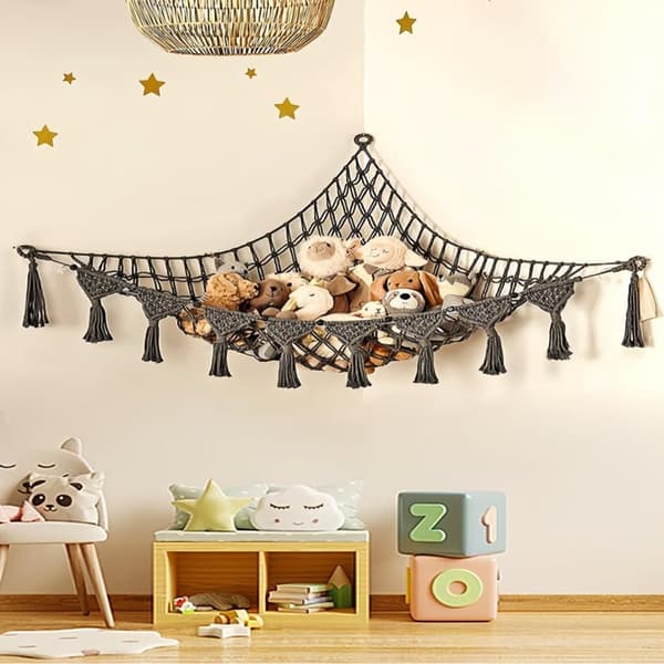 Boho Macramé Net/Hængekøje til udstoppede dyr - Legetøjsopbevaring af udstoppede dyr Gray 2 Pack
