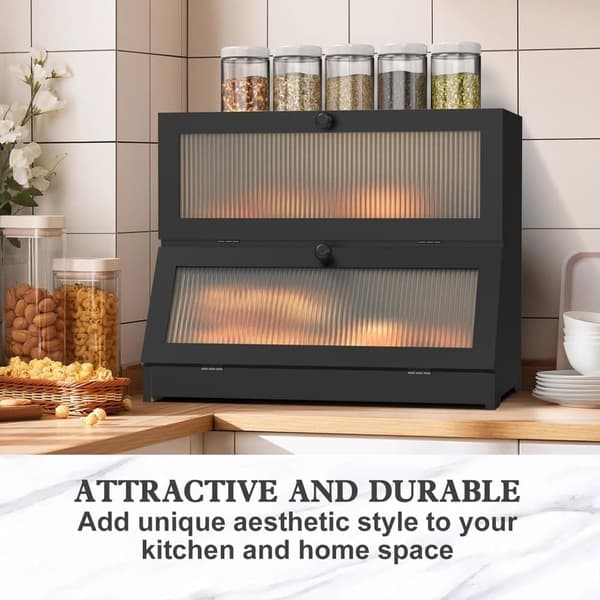 Double Wooden Bread Box for Kitchen Counter - Large Two-Tier Bread Storage with Spacious Design Black