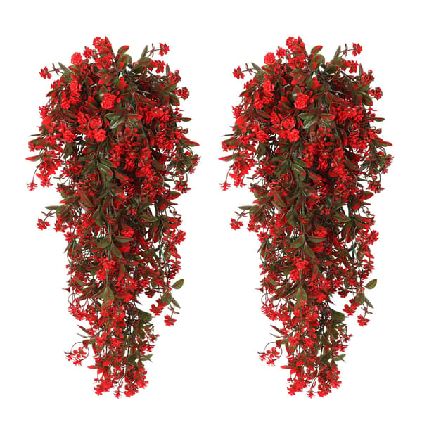 2-pak kunstige røde hængeplanter, blomster og eukalyptusløv, UV-bestandig Red