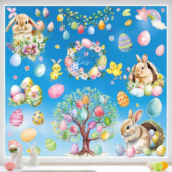 Window Stickers Easter 9 Sheets – Easter Decoration Window Decor with Rabbit, Chick & Egg for Kids' Room & Home F11