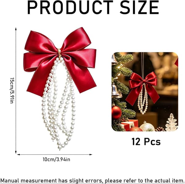 12-pack Christmas Tree Decorations with Bows and Pearl Chain, Decor for Christmas Tree and Home Wine Red