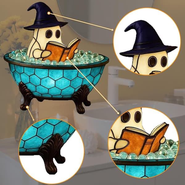 Ghost Lamp Halloween with Reading Ghost, Bubble Bath and Book, Decorative LED Lamp, USB or Battery Version for Table and Shelf USB