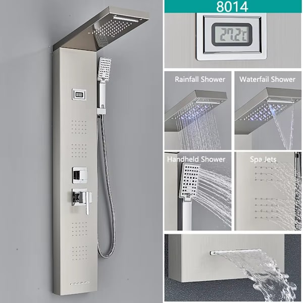 Vandfalds LED brusesystem - Hydromassage, rustfrit stålpanel, badekararmatur - Stil D 8014 8014
