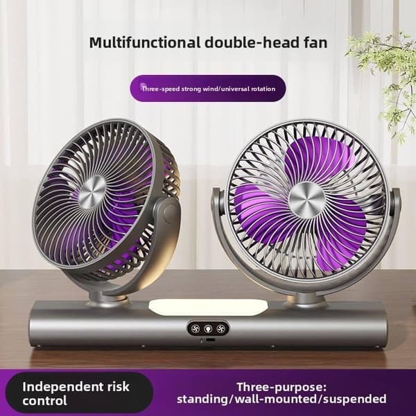 Dobbelt Hoved USB Genopladelig Ventilator, 3-Hastigheds 360° Roterende Køleventilator til Bil, Kontor, Hjem og Udendørs Brug White