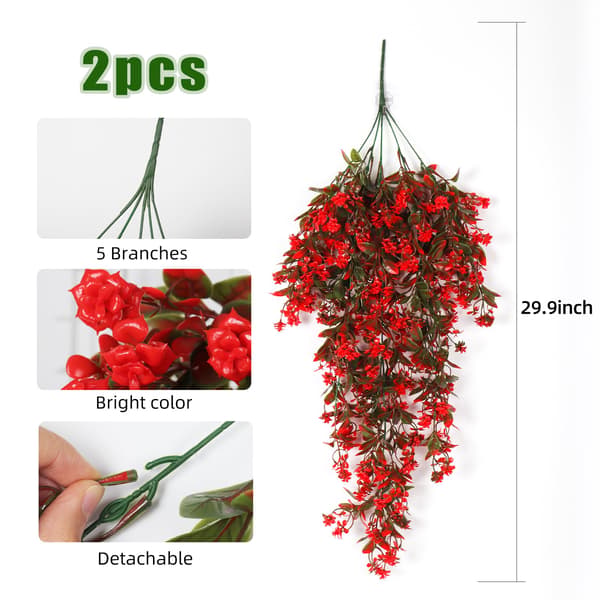 2-pak kunstige røde hængeplanter, blomster og eukalyptusløv, UV-bestandig Red