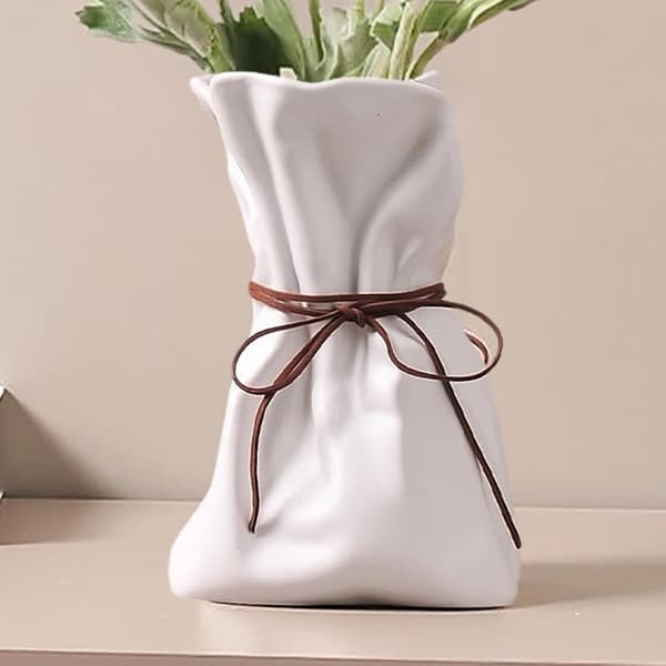Plisserad Keramikvas Papperspåse Design - Original Modern Hem Bröllopsinredning - Stor Vit White 18*12*11cmm