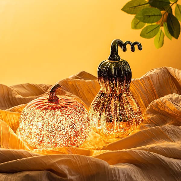 1/2-pak Halloween Græskarlamper i Glas med LED, Guld, Batteridrevne Dekorationslamper til Efterår og Hjem Green
