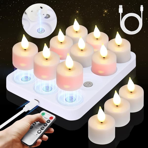 Flameless LED Lights 12-pack, Rechargeable LED Lights with Flame Effect, Timer, Magnetic Charging Station and Remote Control A