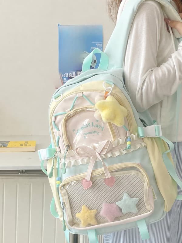 Women's Backpack with Transparent Display Pocket, Kawaii Y2K School Bag with Star Pendant Black
