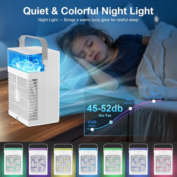 Bærbart klimaanlegg, 3-i-1 mini AC-enhet, 4 hastigheter, 2 tåkemoduser, 1000 ml tank, timer, LED-lys, USB-kjølevifte White