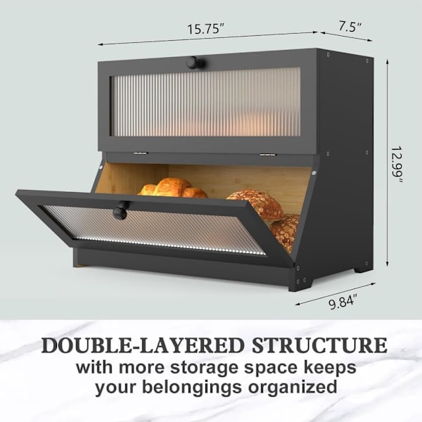 Double Wooden Bread Box for Kitchen Counter - Large Two-Tier Bread Storage with Spacious Design Black