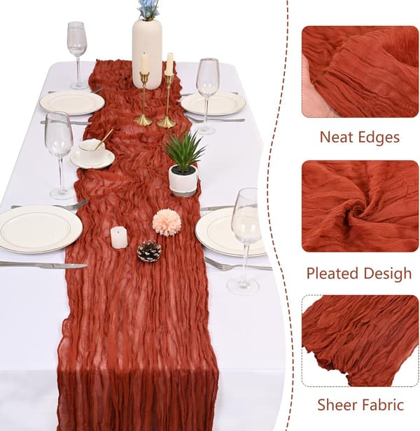 Set med 4 bordslöpare i muslin - Roströd, 17x108 tum Boho Rustik Stil Rust red